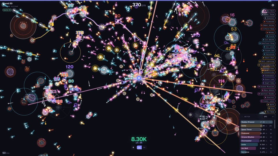 A late round with hundreds of projectiles on screen and the damage meter open