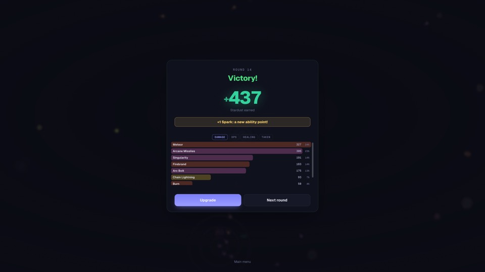 The round recap showing Stardust earned and a damage breakdown
